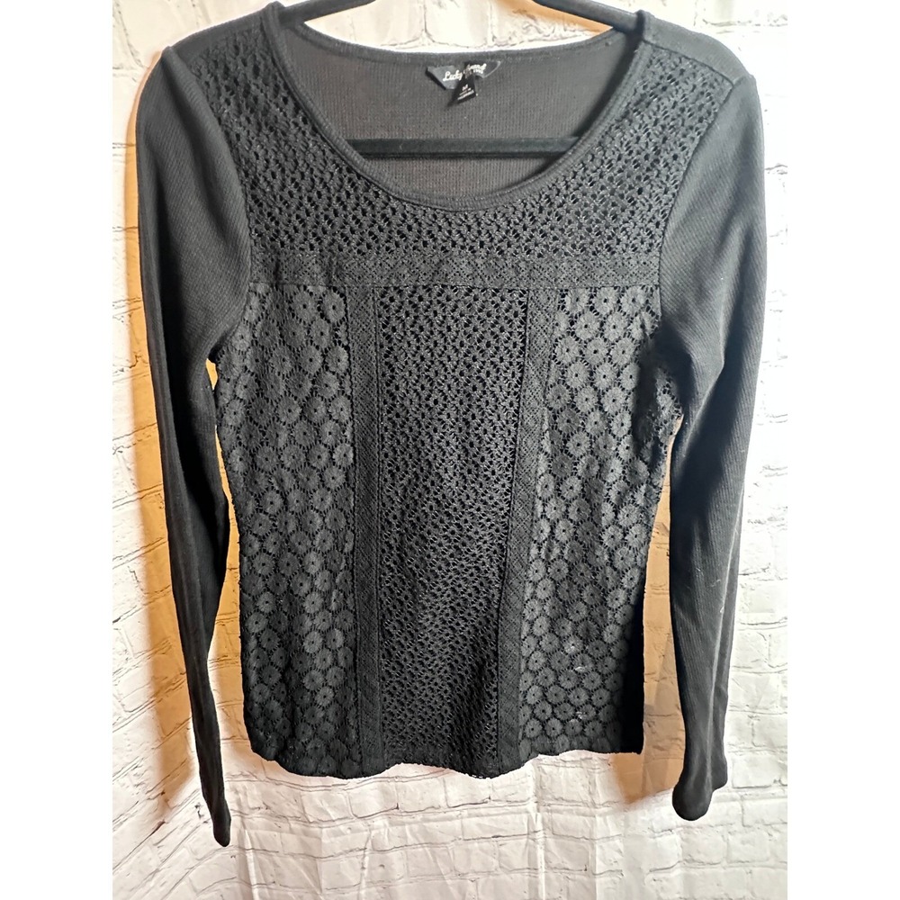 Lucky Brand Lace Inset Top Long Sleeve Knit Blouse Black Size M